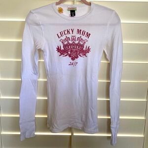 👚Peace Love Mom white waffle long sleeve top "Lucky Mom 24/7" Sz S - EUC!